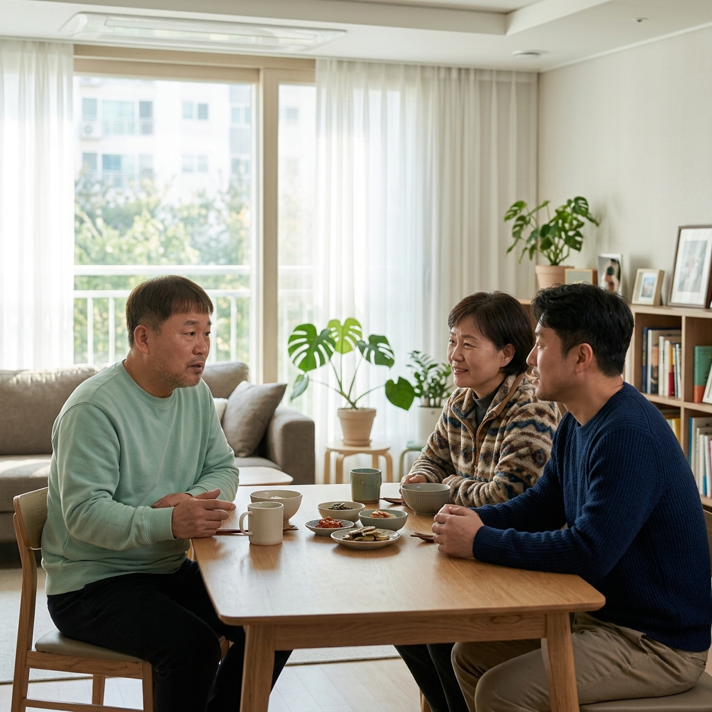 식탁에 앉아 대화하는 60대 부모와 40대 자녀, 따뜻한 자연광이 들어오는 거실