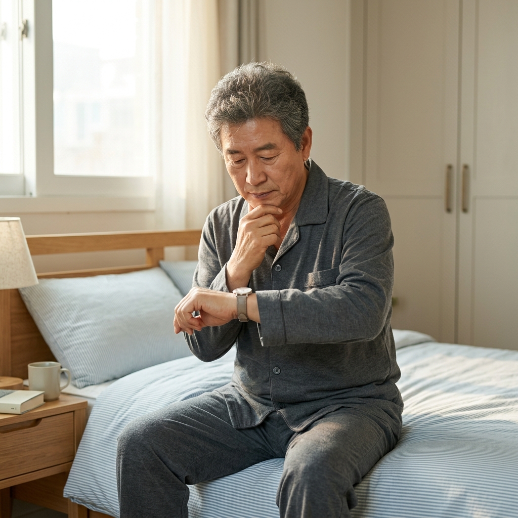 60대 후반 남성이 아침 햇살 들어오는 침실 침대에 앉아 시계를 보며 생각에 잠긴 모습, 긴팔 면 파자마 차림
