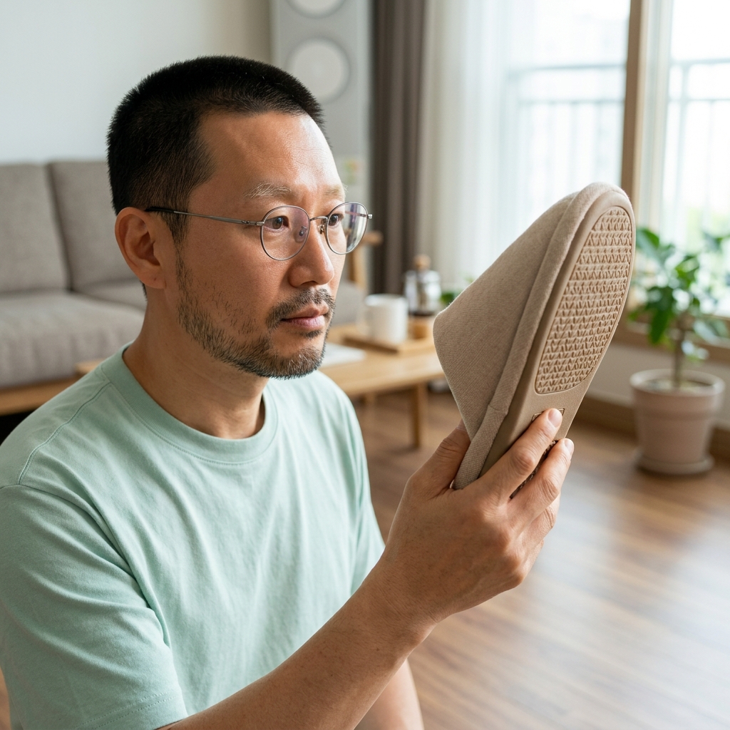 슬리퍼 밑창을 뒤집어 보고 있는 손, 실내 밝은 조명 아래