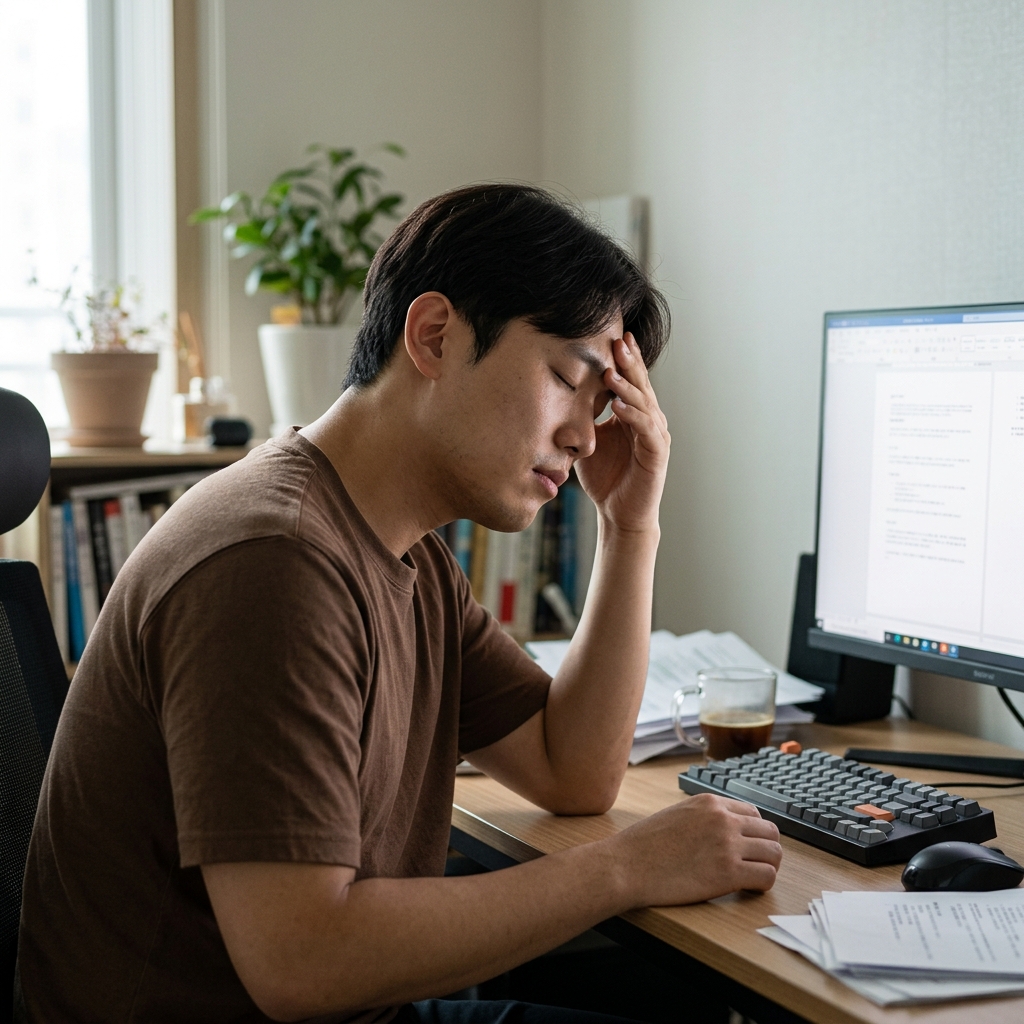 책상 앞에 앉아 이마를 짚고 피로한 표정을 짓는 20대 남성의 모습