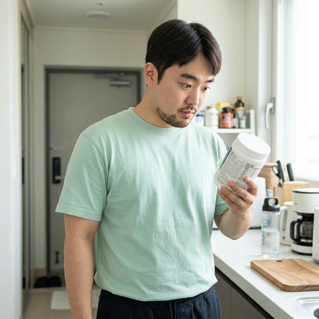 보충제 용기를 들고 라벨을 자세히 확인하는 30대 남성, 얇은 반팔 티셔츠 차림, 밝은 실내