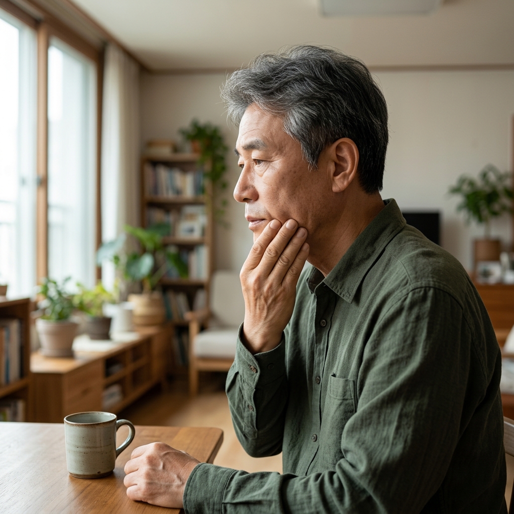 턱 앞쪽을 손으로 가볍게 누르며 통증을 확인하는 60대 남성의 옆모습, 실내 자연광