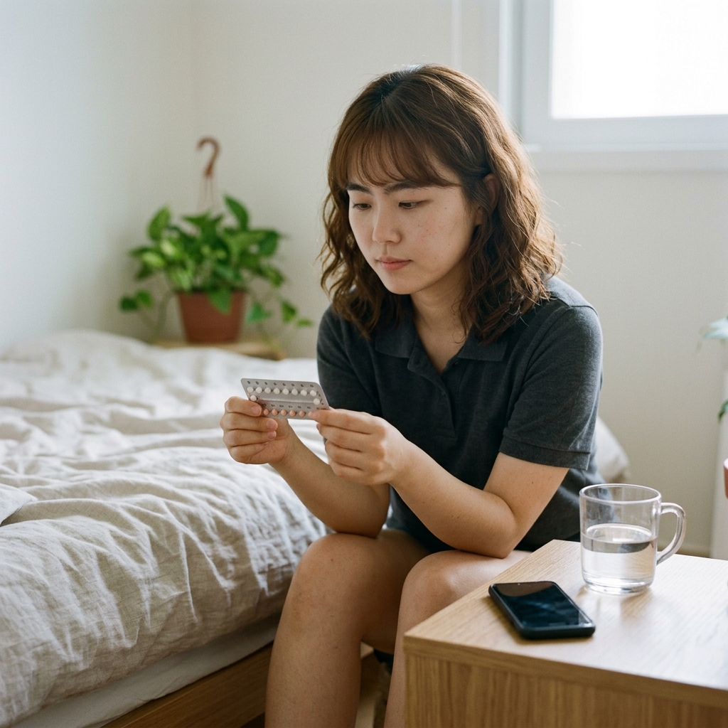 20대 여성이 침대 옆 테이블에 놓인 피임약 시트를 손에 들고 복용 시간을 확인하는 모습