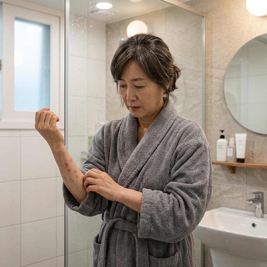 60대 여성이 욕실에서 미지근한 물로 샤워를 마치고 붉은 반점이 올라온 팔을 확인하는 장면, 실내 조명, 약간 두꺼운 소매의 목욕 가운