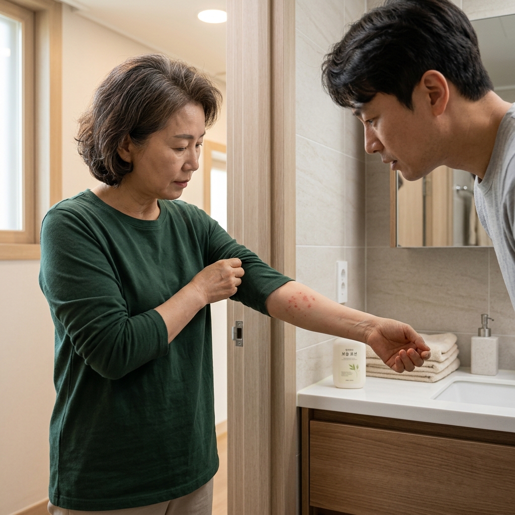 60대 여성이 욕실 밖에서 팔의 붉은 반점을 가족에게 보여주는 장면, 실내 조명, 보습제와 수건이 보이는 세면대