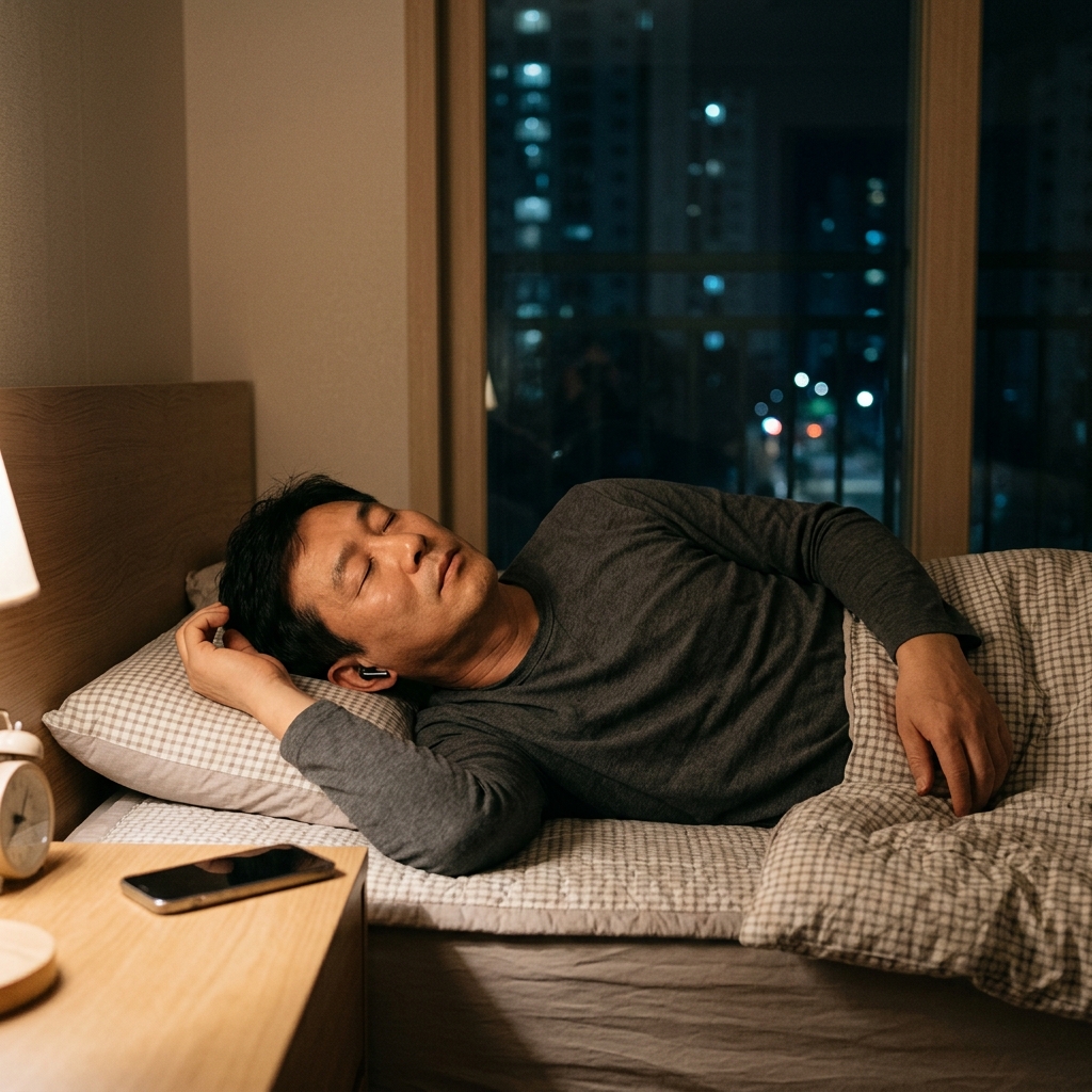 침대에 누운 50대 중년이 무선 이어폰을 귀에 끼고 눈을 감고 있는 모습, 옆 테이블에 스마트폰이 놓여 있고 창밖은 어두운 밤