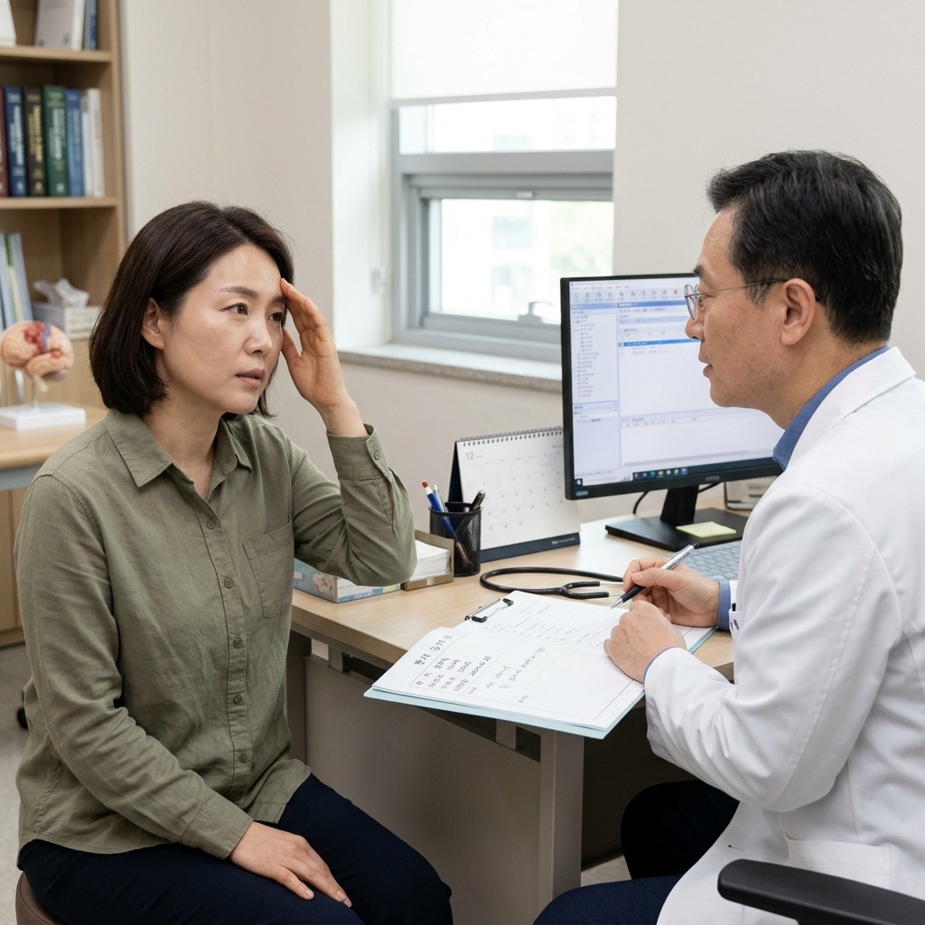 신경과 진료실에서 의사에게 두통 증상을 설명하며 머리 부위를 가리키는 40대 환자, 가벼운 긴팔 셔츠 착용, 책상 위에 진료 차트