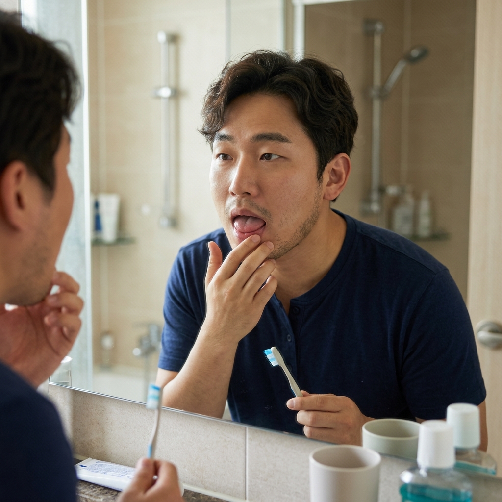 거울을 보며 혀와 잇몸 상태를 확인하는 30대 직장인, 손에 칫솔을 든 모습