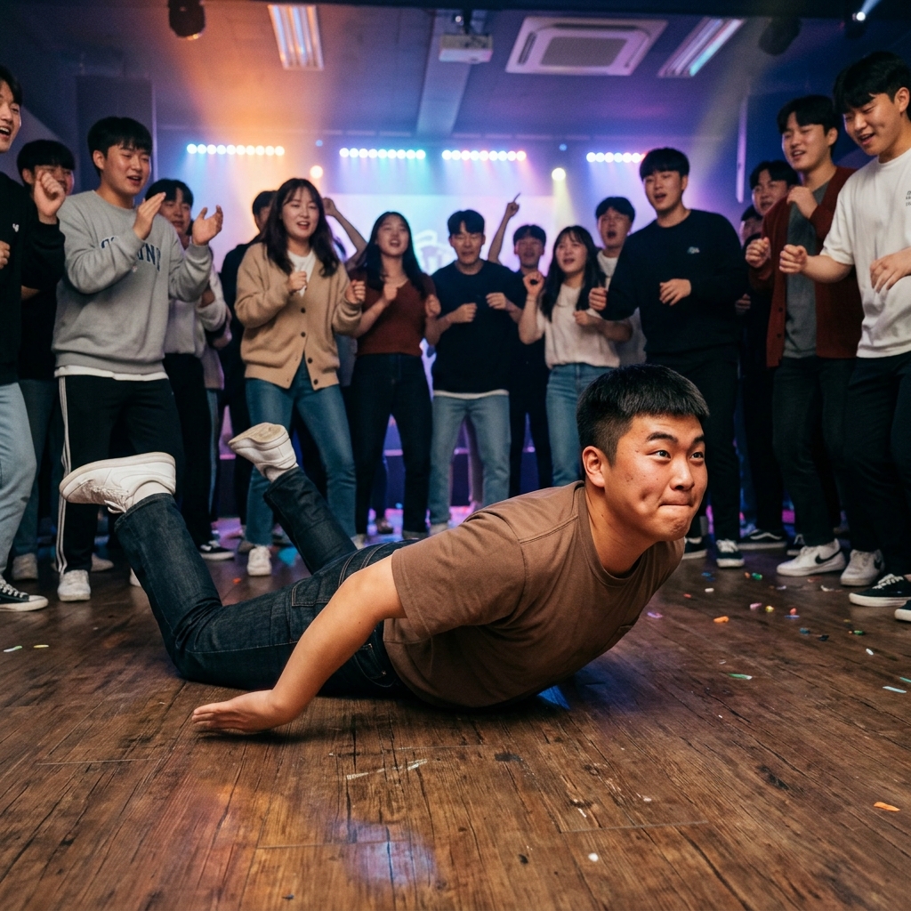 바닥에 엎드려 파닥거리는 물만난광어 춤 장면