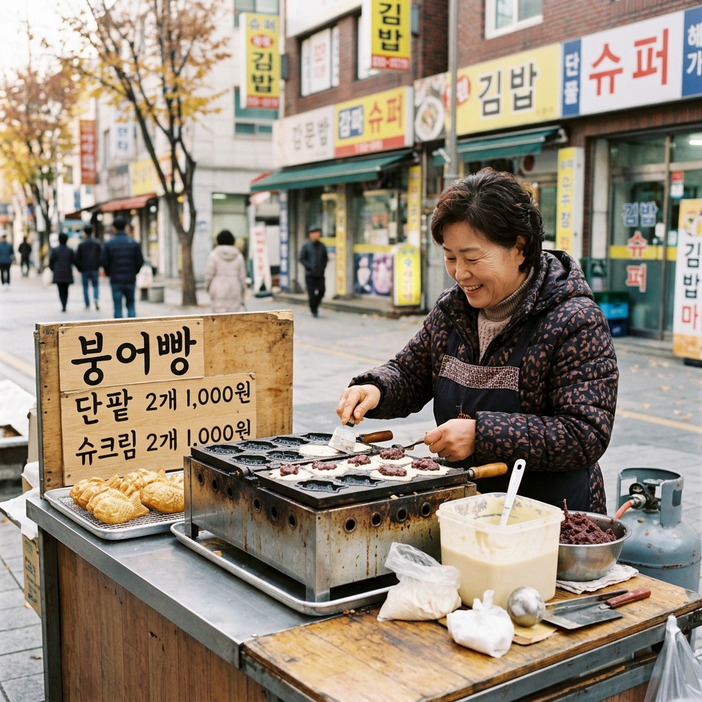 붕어빵 기계와 매대, 재료가 준비된 노점 현장 장면