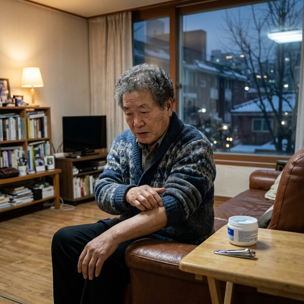 70대 남성이 거실 소파에 앉아 팔뚝을 긁고 있는 모습, 옆 탁자에 보습제와 손톱깎이가 놓여 있고 창밖으로 겨울 저녁 풍경이 보임