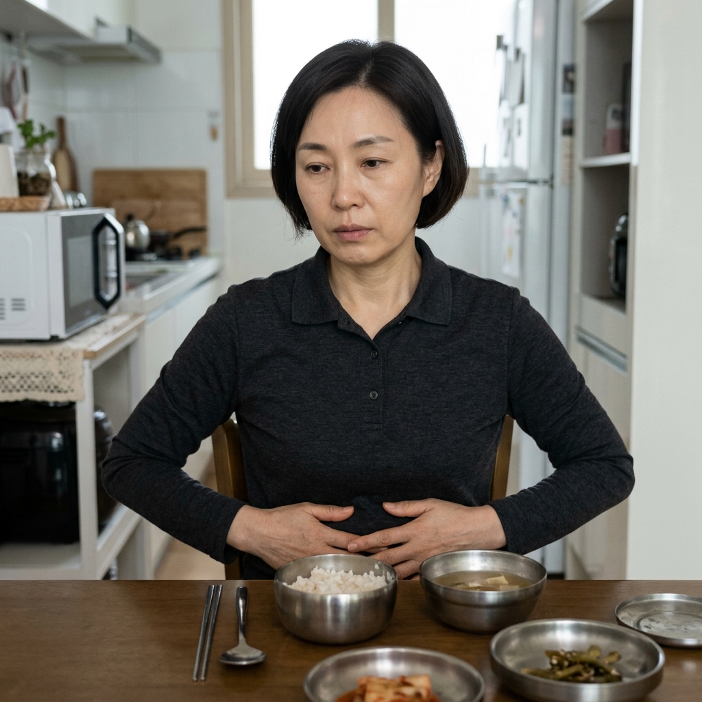 밥상 앞에 앉아 몇 숟가락 뜬 뒤 수저를 내려놓고 배를 만지는 70대 어르신의 모습, 긴 소매 옷차림, 실내 식탁 배경