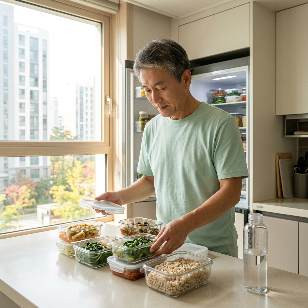 60대 남성이 주방에서 채소와 통곡물이 담긴 반찬통을 정리하며 물병을 옆에 둔 장면, 창밖으로 보이는 오전 햇살