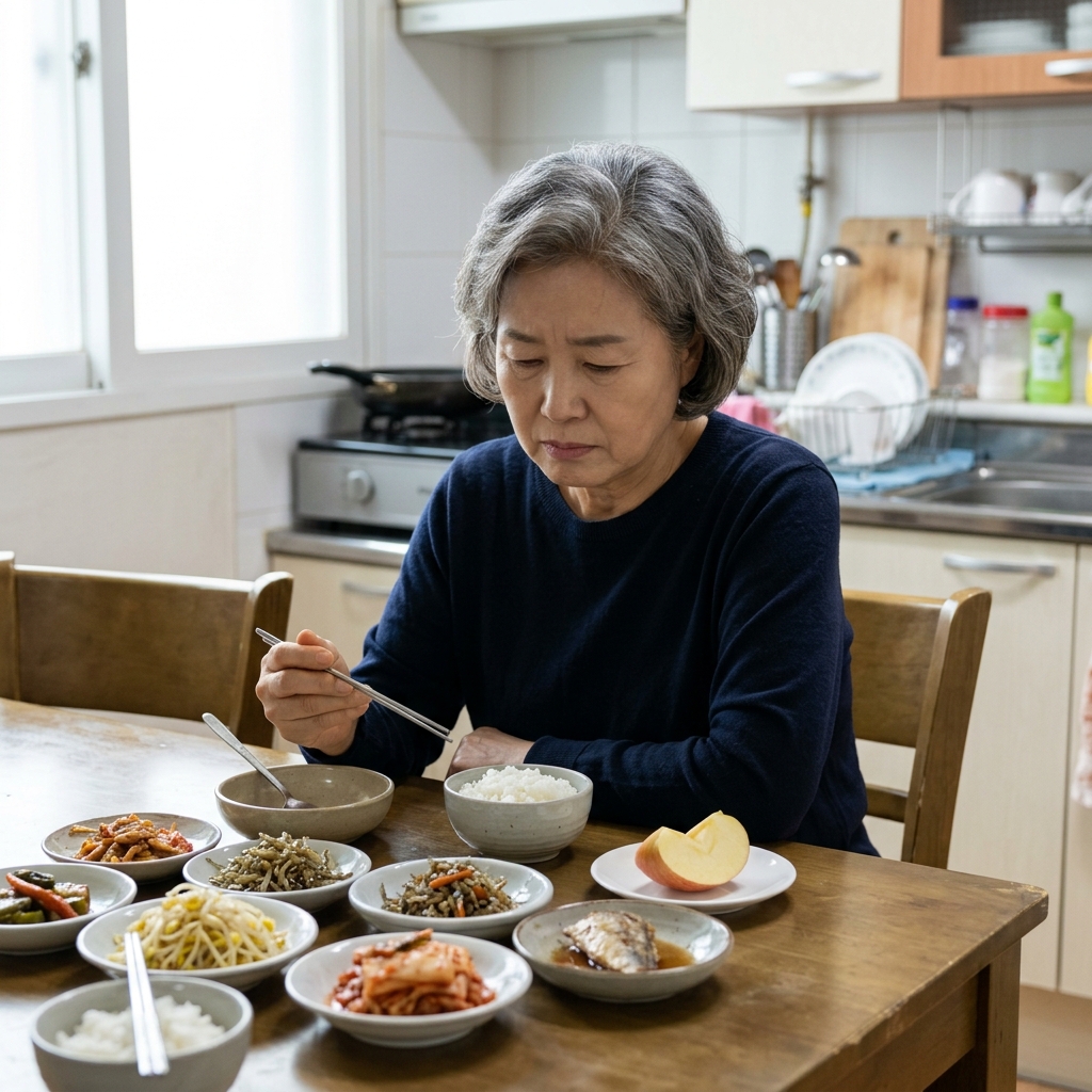 70대 여성이 집 식탁에 앉아 살짝 찌푸린 표정으로 밥그릇 앞에 놓인 반찬을 바라보며 젓가락을 들고 있고, 옆 접시에는 사과 한 조각이 놓인 모습, 자연광이 들어오는 주방 배경, 긴 소매 블라우스