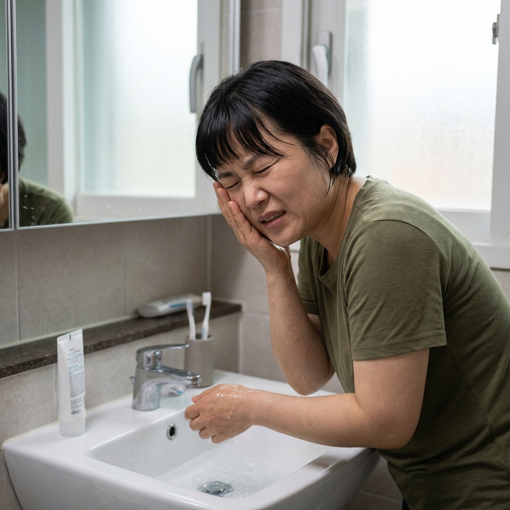 50대 여성이 세면대에서 세수하다 얼굴 한쪽을 손으로 감싸며 찌릿한 통증에 표정을 찌푸리는 모습