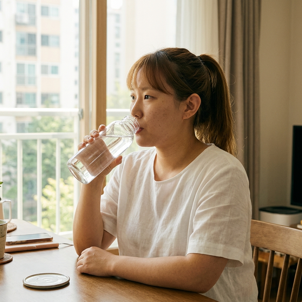 식탁에 앉아 투명한 물병을 들고 물을 마시는 50대 여성, 얇은 반팔 셔츠 차림, 창가로 들어오는 밝은 자연광