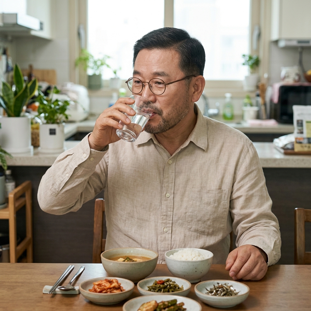식탁에서 물잔을 든 80대 어르신이 식사 중 물을 마시는 장면, 얇은 긴소매 셔츠, 식탁 위 반찬과 밥그릇