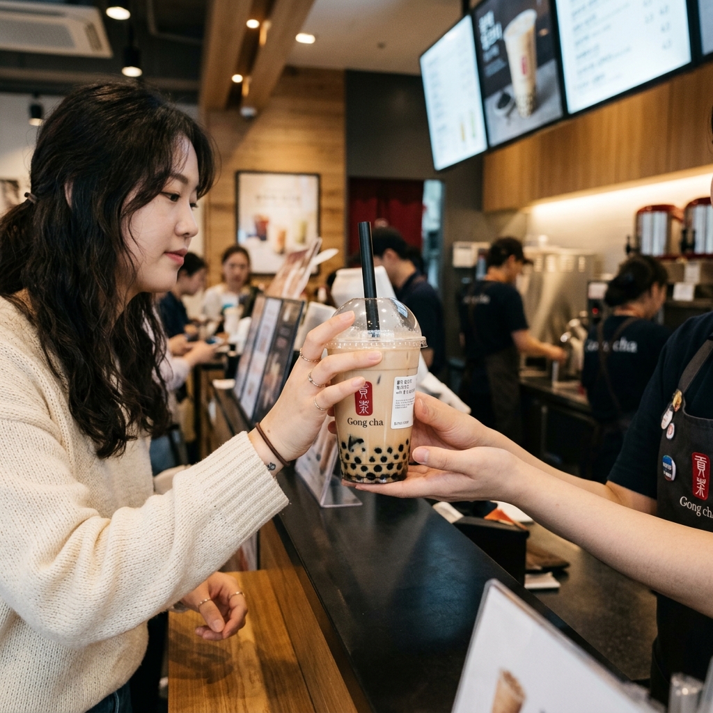 공차 매장에서 토핑 추가된 밀크티를 받아드는 손의 클로즈업 장면