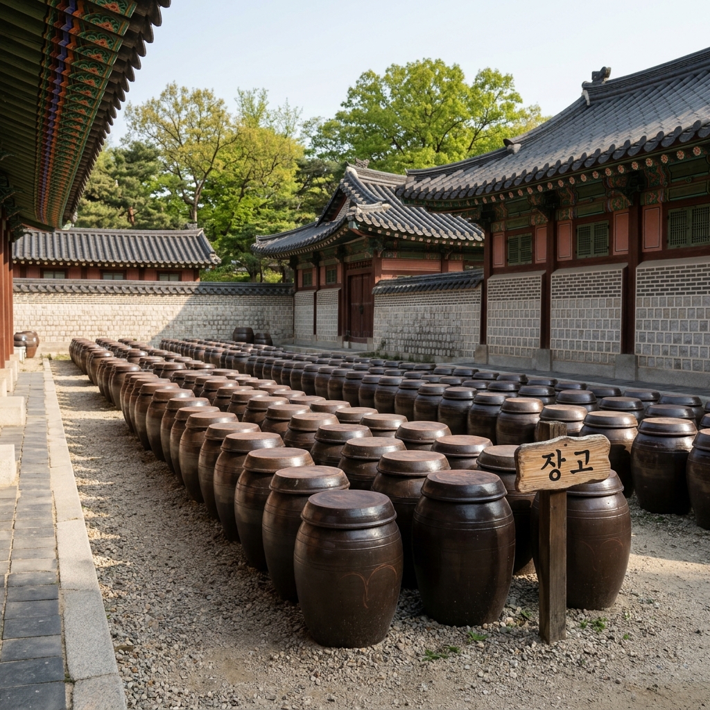 경복궁 장고 앞 장독대가 늘어선 모습