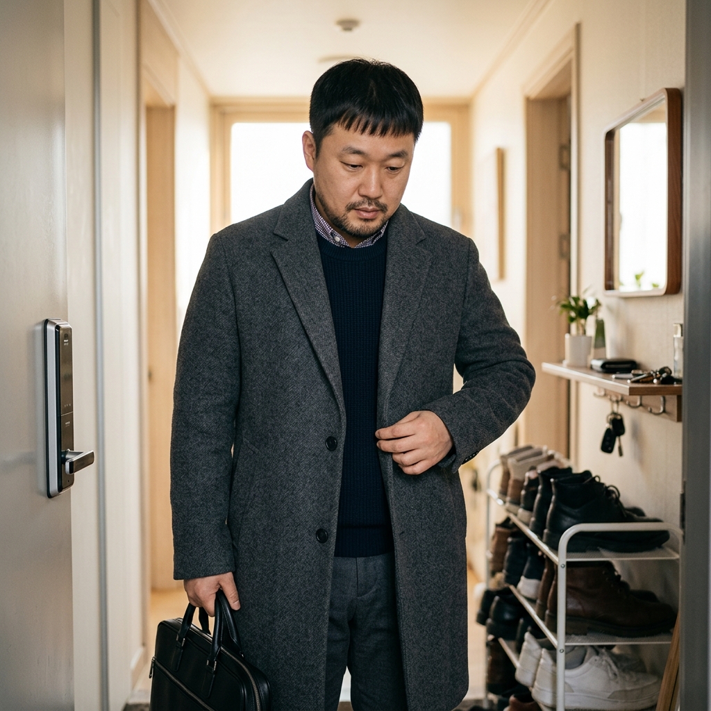 두꺼운 외투를 챙겨 입고 출근 준비를 하는 아침 풍경