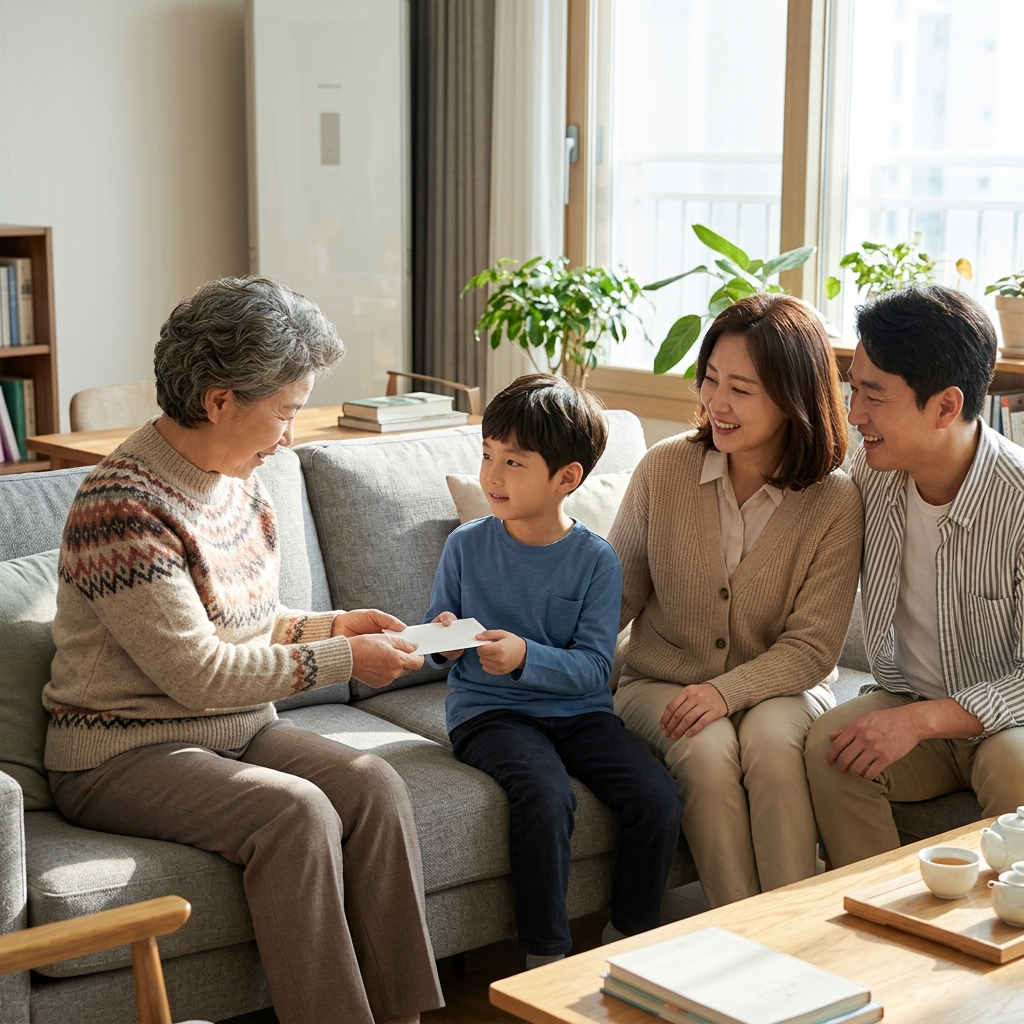거실 소파에 앉아 손주에게 용돈 봉투를 건네는 60대 후반 할머니와 옆에서 지켜보는 40대 부모, 밝은 오후 햇살이 들어오는 실내 풍경