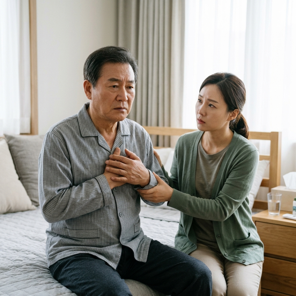 침대에 앉아 가슴 부위를 손으로 감싸 쥔 채 표정이 굳어 있는 60대 후반 남성, 옆에서 보호자가 팔을 잡고 상태를 살피는 모습