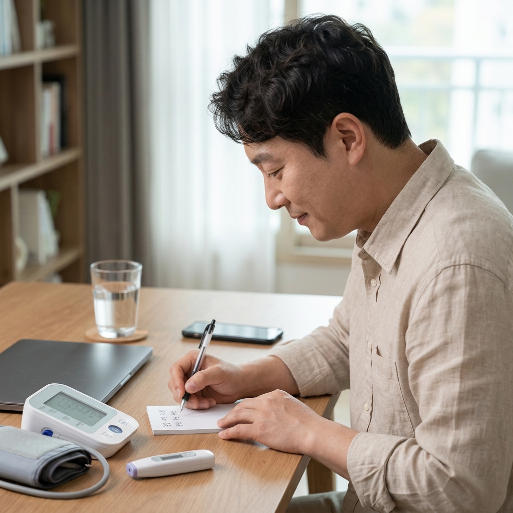 책상 위에 놓인 메모지에 통증 시작 시각과 동반 증상을 적고 있는 손, 옆에 혈압계와 체온계가 함께 보이는 장면