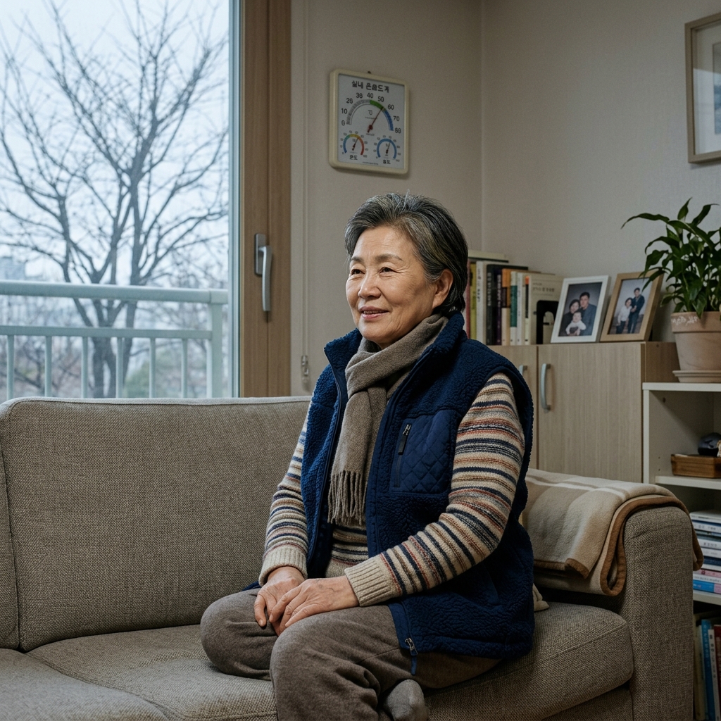 70대 어르신이 거실 소파에 앉아 두꺼운 옷을 입고 있는 모습, 창밖으로 나뭇가지가 앙상하고 햇살은 희미하며 실내 온습도계가 벽에 걸려 있다