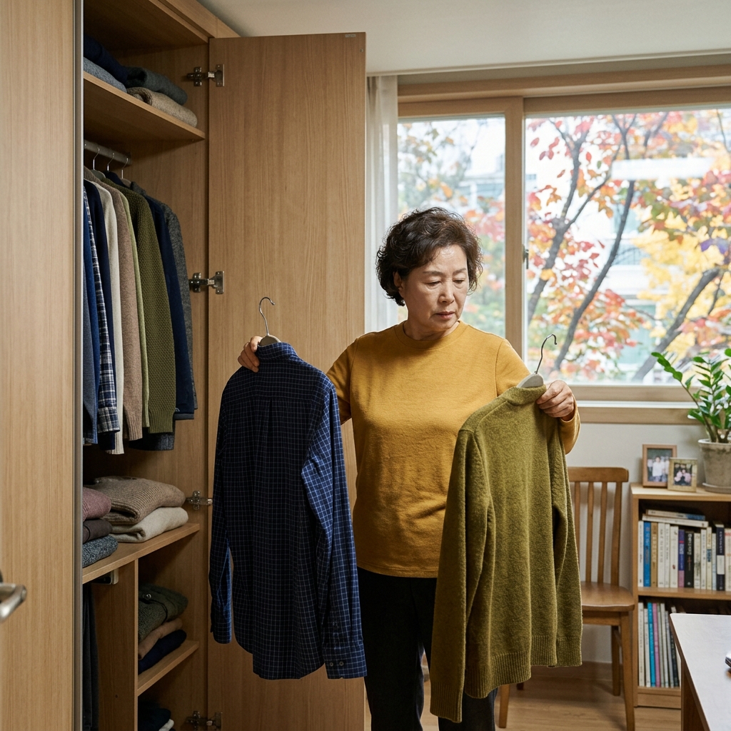 70대 남성이 거실 옷장 앞에서 긴팔 셔츠와 가디건을 손에 들고 외출복을 고민하는 모습, 창밖으로 보이는 가을 나뭇가지