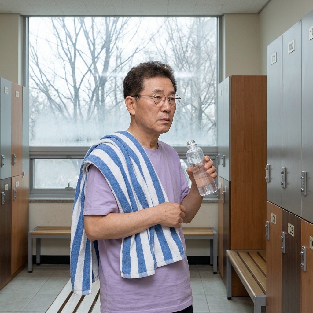 70대 남성이 목욕탕 탈의실에서 수건을 어깨에 두르고 물병을 들고 있는 모습, 창밖으로 겨울 나뭇가지가 보이는 배경