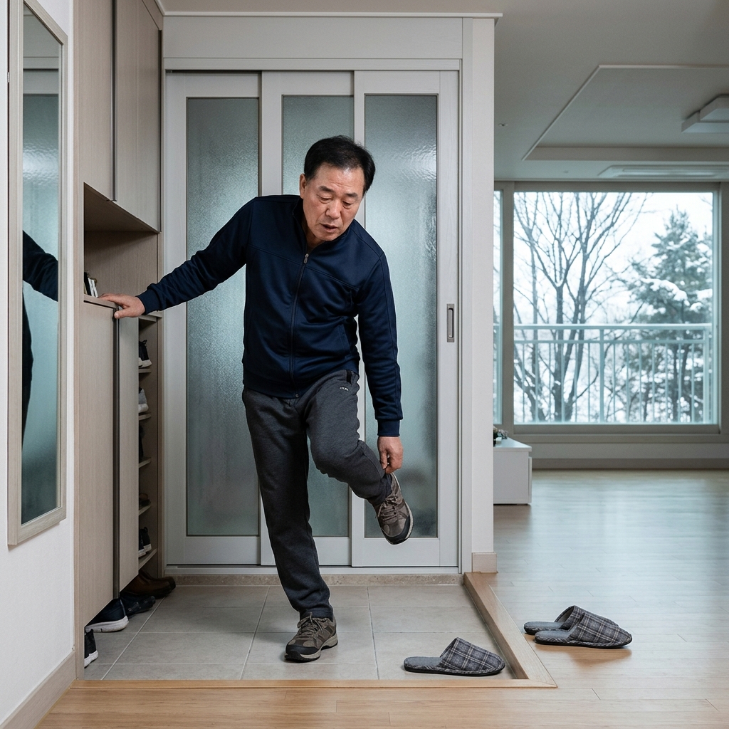 60대 중반 남성이 운동복을 입고 현관에서 실내화로 갈아 신으며 숨을 고르는 실내 장면, 창밖으로 겨울 나무 실루엣
