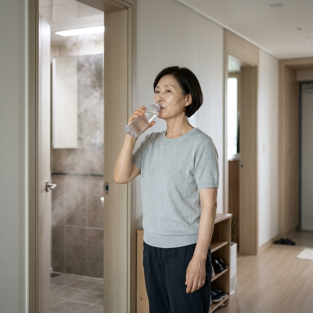 70대 초반 여성이 욕실 문 앞에서 물병을 들고 물을 마시는 모습, 배경에 김이 약간 오른 욕실 입구