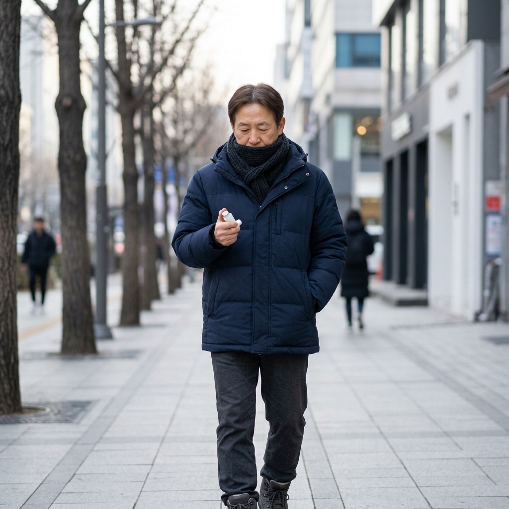 겨울 거리에서 목도리로 입을 가리고 천천히 걷는 60대 남성, 손에 흡입기를 들고 있는 모습