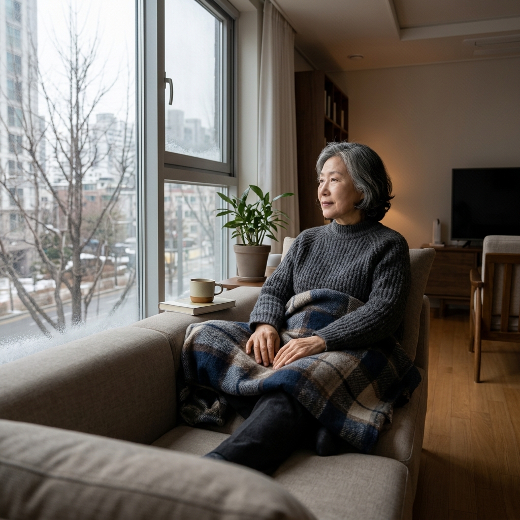 겨울철 실내에서 담요를 무릎에 덮고 소파에 앉아 있는 70대 중반 여성, 창밖으로 보이는 흐린 겨울 풍경