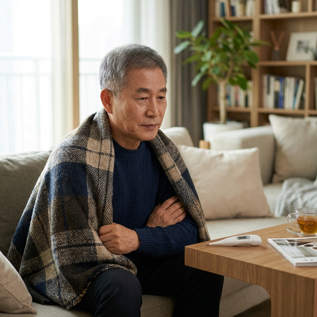 겨울철 실내 거실에서 담요를 어깨에 두르고 손을 담요 안에 넣고 앉아 있는 70대 남성, 옆 테이블 위 체온계