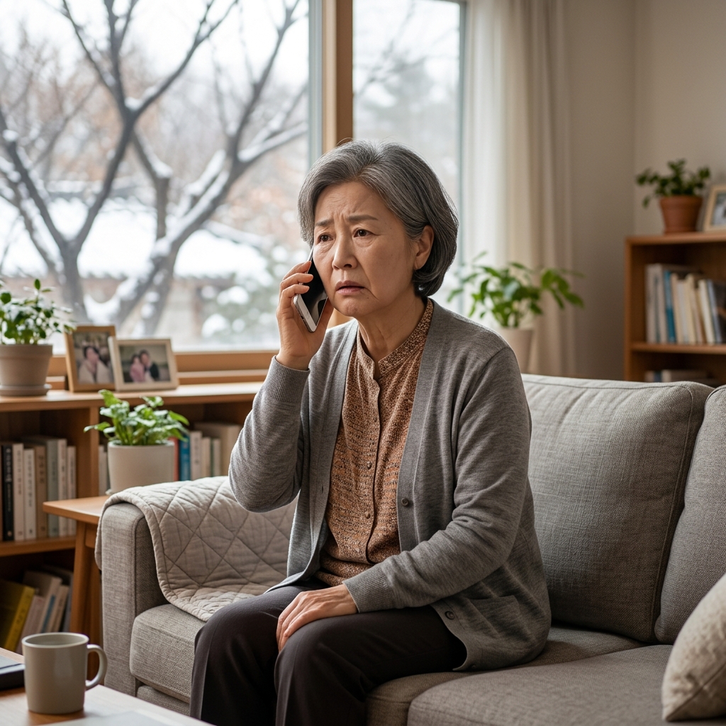 70대 여성이 거실 소파에 앉아 휴대전화를 귀에 대고 있고, 표정이 평소와 달리 한쪽 입꼬리가 약간 처져 보이며 얼굴에 당혹스러운 기색이 역력한 모습. 창밖으로 겨울 나뭇가지가 보이고 실내는 따뜻한 조명 아래 얇은 가디건을 걸친 차림