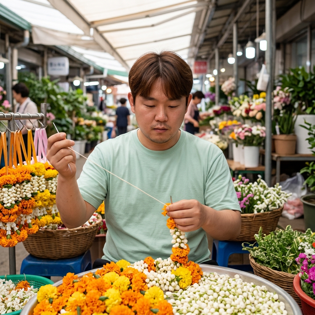 상인이 마리골드와 재스민을 실에 꿰고 있는 모습