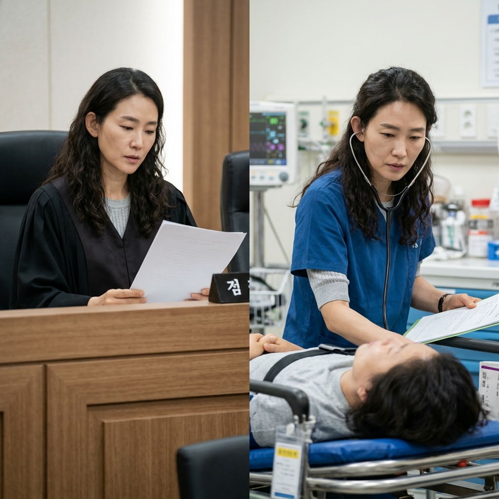 판사석에서 판결문을 읽는 판사와 응급실에서 환자를 진료하는 의사