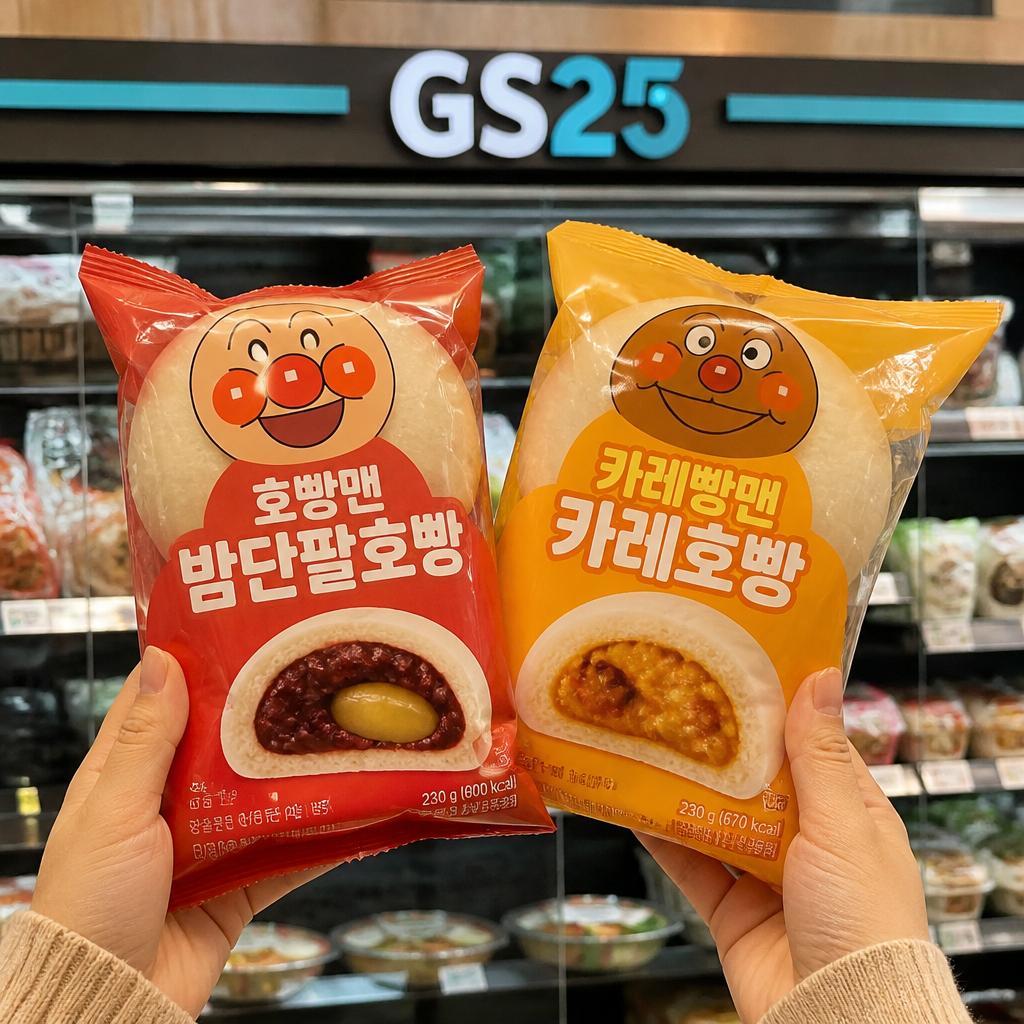 GS25 매장에 진열된 호빵맨 밤단팥호빵과 카레빵맨 카레호빵 패키지