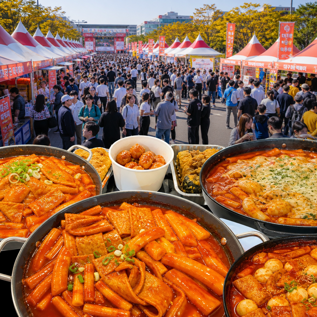 대구 떡볶이 페스티벌 현장 전경과 다양한 떡볶이 부스
