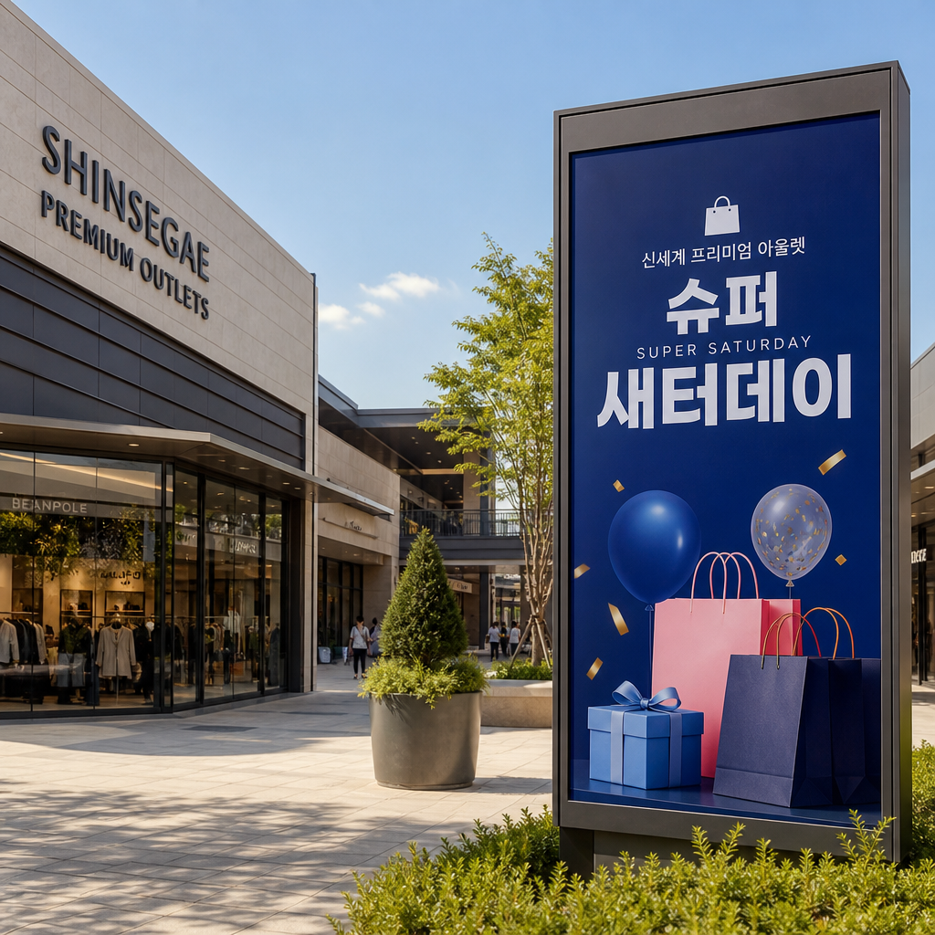 신세계 프리미엄 아울렛 매장 전경과 슈퍼새터데이 안내 배너