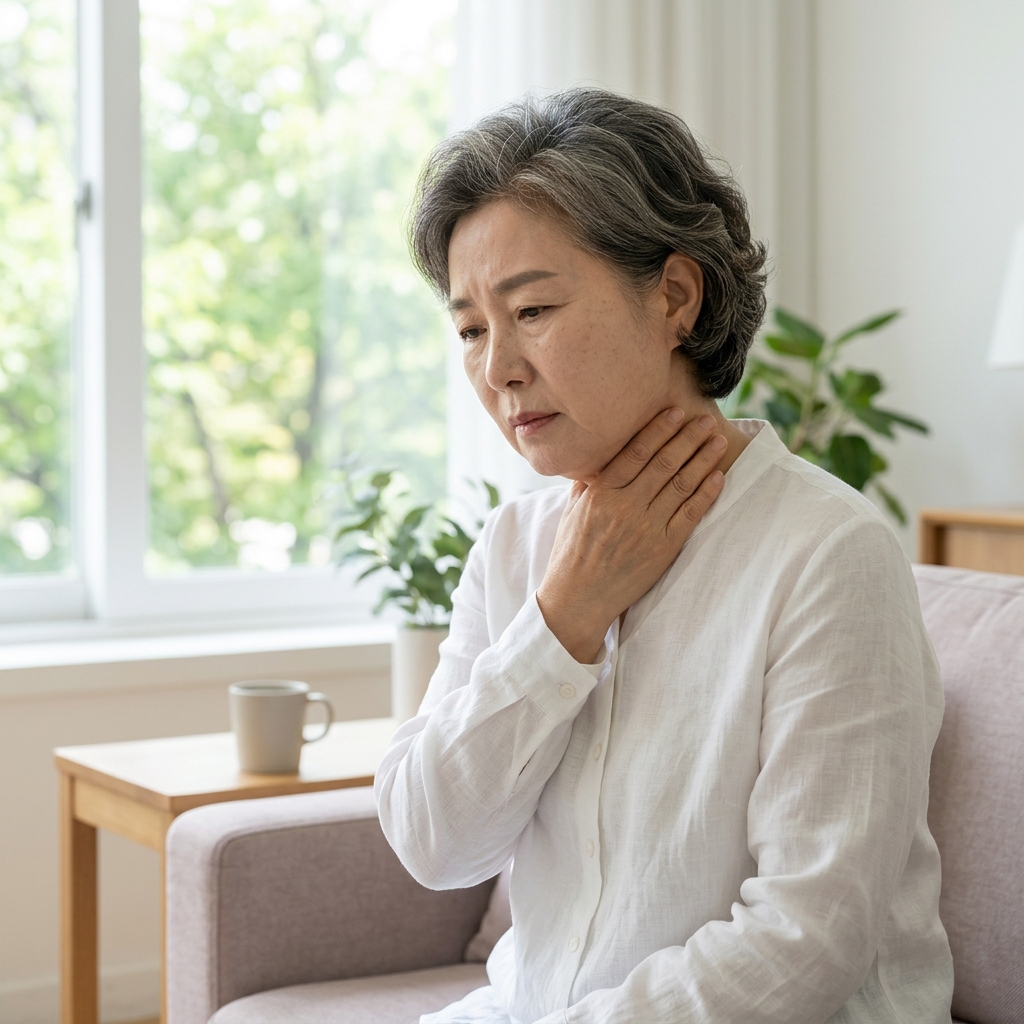 70대 남성이 실내에서 손으로 목을 가리키며 불편한 표정을 짓는 모습, 긴소매 셔츠 착용, 창밖으로 보이는 밝은 자연광