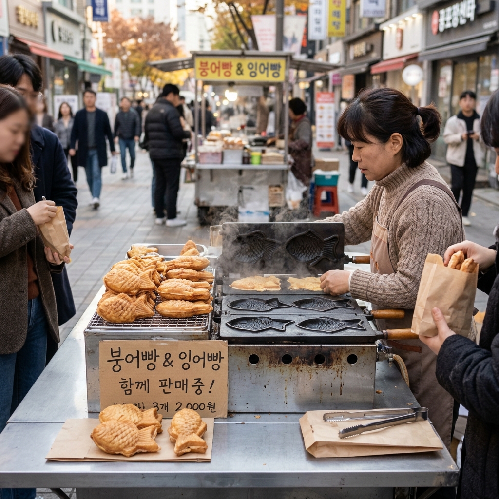 길거리 포장마차에서 붕어빵과 잉어빵을 함께 판매하는 모습