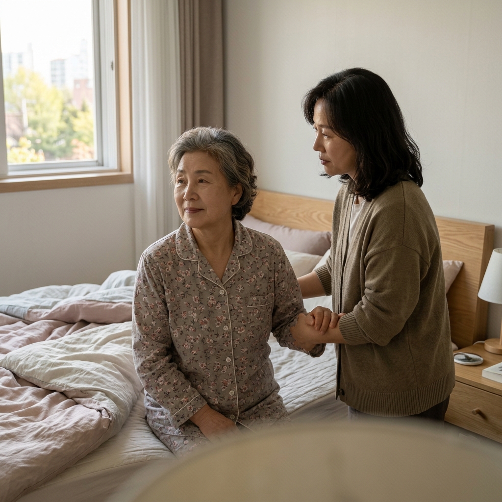 침대에 앉아 고개를 천천히 돌리는 80대 여성을 옆에서 부축하며 지켜보는 50대 딸의 모습, 실내 조명이 은은하고 창밖으로 봄날 오후 빛이 비치는 침실