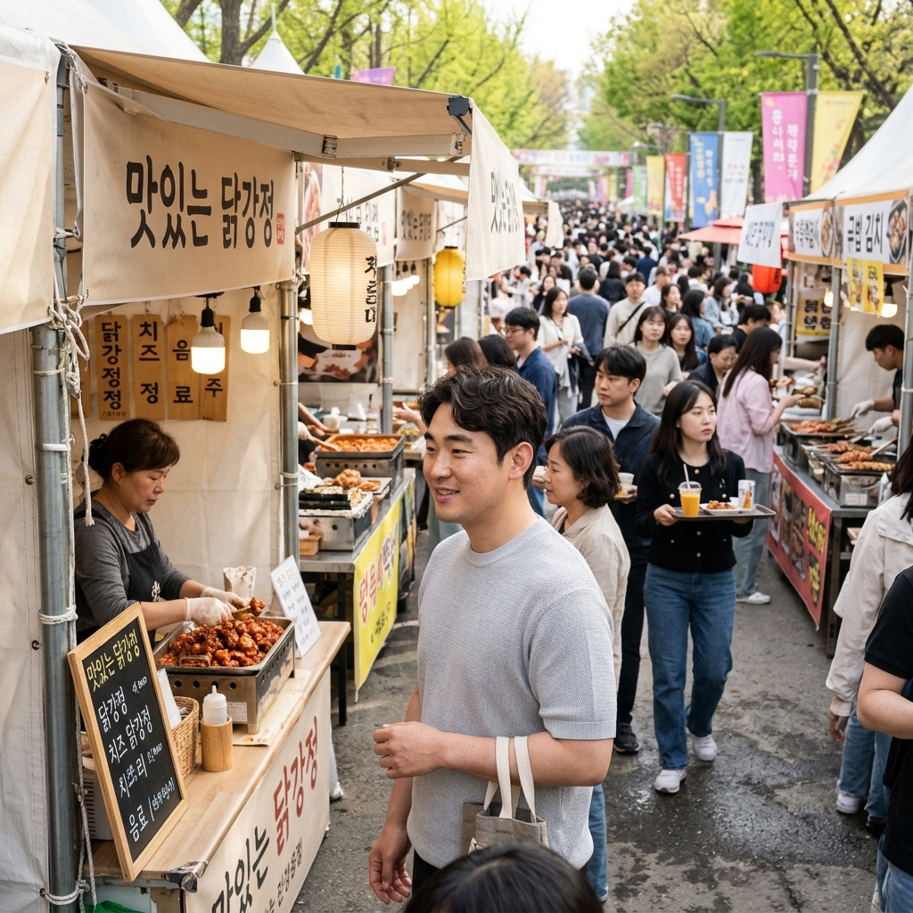 축제장에 늘어선 다양한 먹거리 부스와 사람들이 음식을 고르는 활기찬 주말 풍경