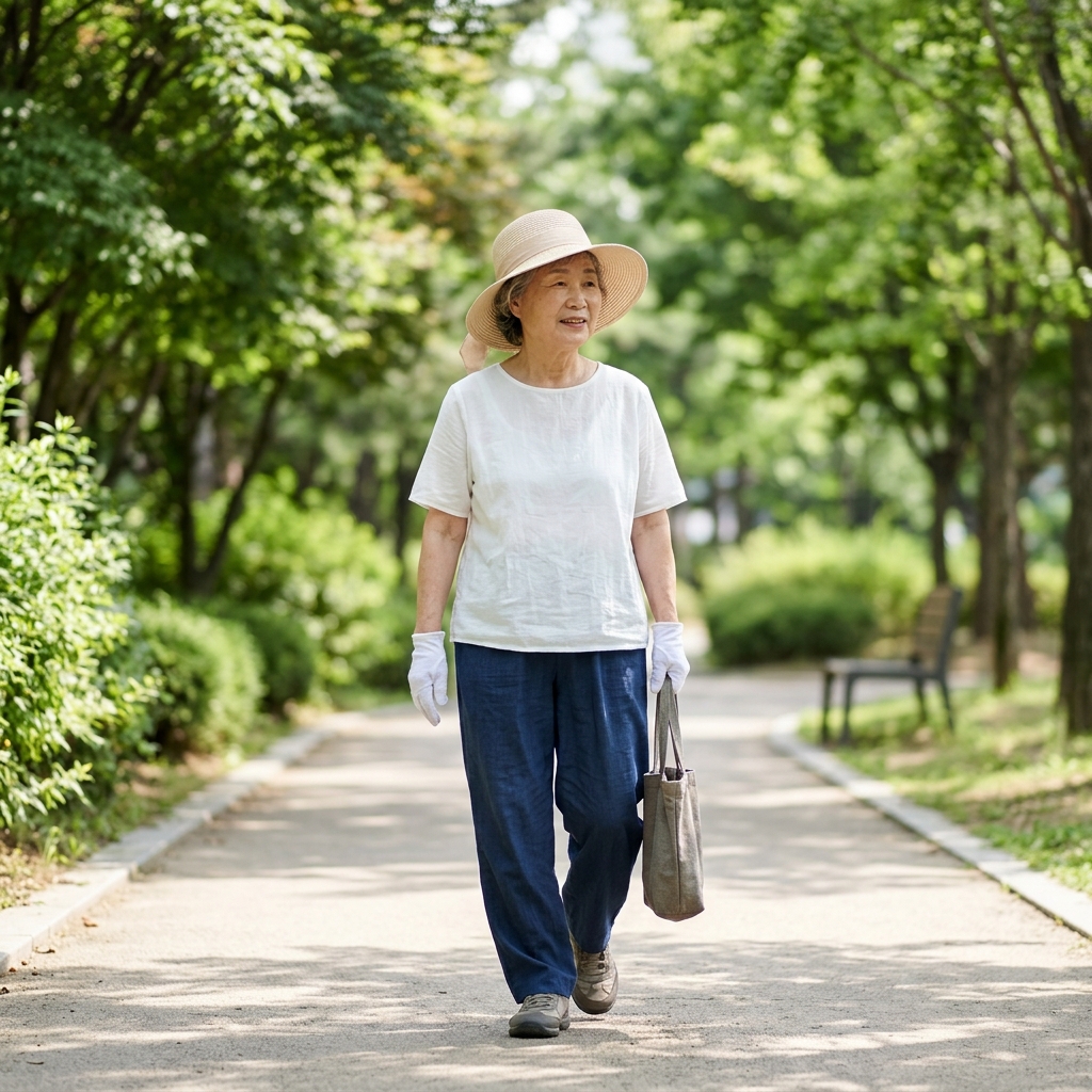 챙이 넓은 밝은 베이지색 모자를 쓰고 얇은 흰색 장갑을 낀 70대 여성이 햇살 아래를 걷는 모습, 반팔 블라우스 차림, 여름 오후