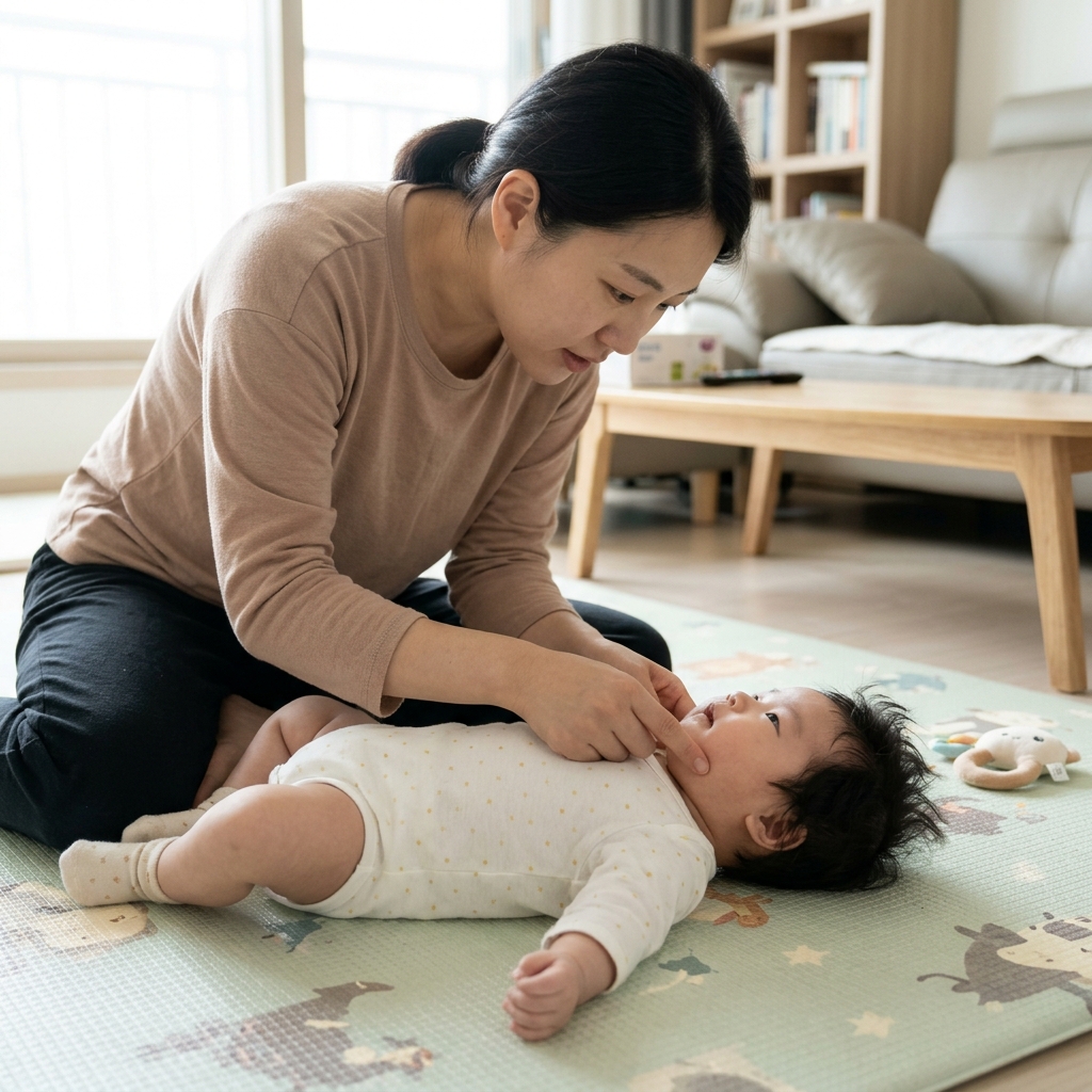 생후 3개월 무렵 아기가 얇은 면 내의를 입고 거실 바닥 매트 위에 누워 있고, 엄마가 아기 볼과 목 부위를 부드럽게 살피는 장면
