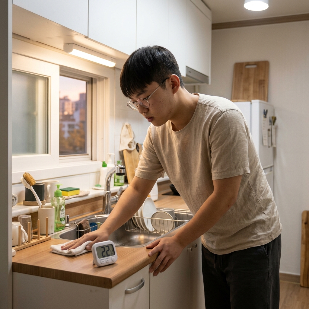 퇴근 후 타이머를 켜두고 싱크대 주변을 빠르게 닦고 있는 20대 자취생, 반팔 티셔츠 차림