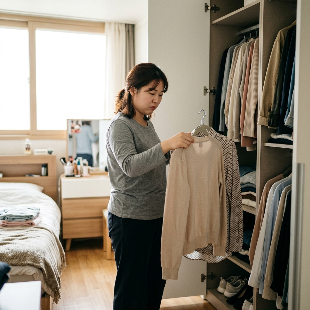 20대 여성이 옷장 앞에서 출근복을 고르며 고민하는 아침 장면, 얇은 가디건과 긴팔 셔츠가 보이는 초가을 실내