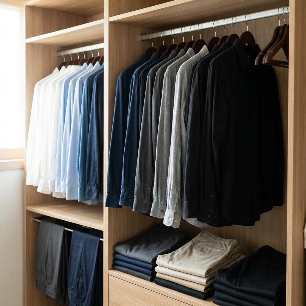 옷장에 단색 셔츠와 슬랙스가 색상별로 정리된 모습, 앞쪽에는 자주 입는 옷이 보이는 직장인 옷장 내부